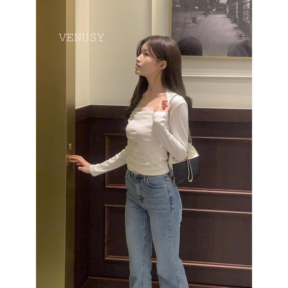 【法式優雅】VENUSY｜正韓 - 褶皺紗修身長袖上衣．柔滑人造絲混紡-細節圖8