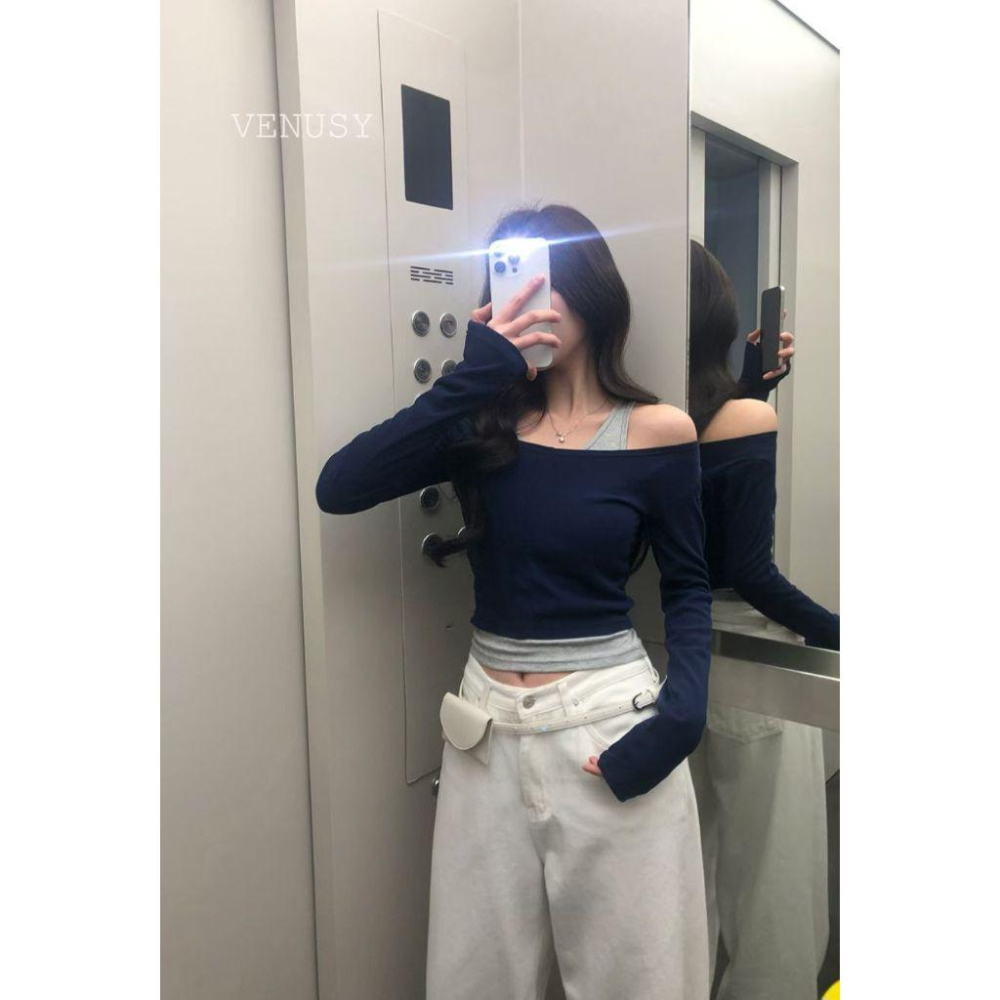 【層疊美學・視覺直角肩】VENUSY｜正韓 - 露肩羅紋假兩件上衣．修身彈力面料．春夏必備設計款-細節圖3