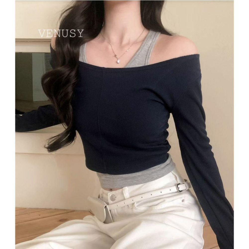 【層疊美學・視覺直角肩】VENUSY｜正韓 - 露肩羅紋假兩件上衣．修身彈力面料．春夏必備設計款-細節圖4