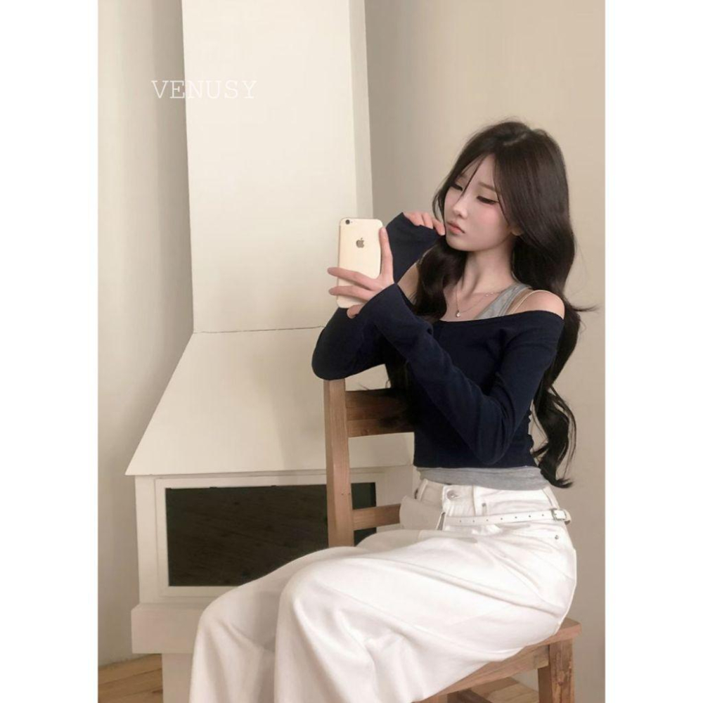 【層疊美學・視覺直角肩】VENUSY｜正韓 - 露肩羅紋假兩件上衣．修身彈力面料．春夏必備設計款-細節圖5