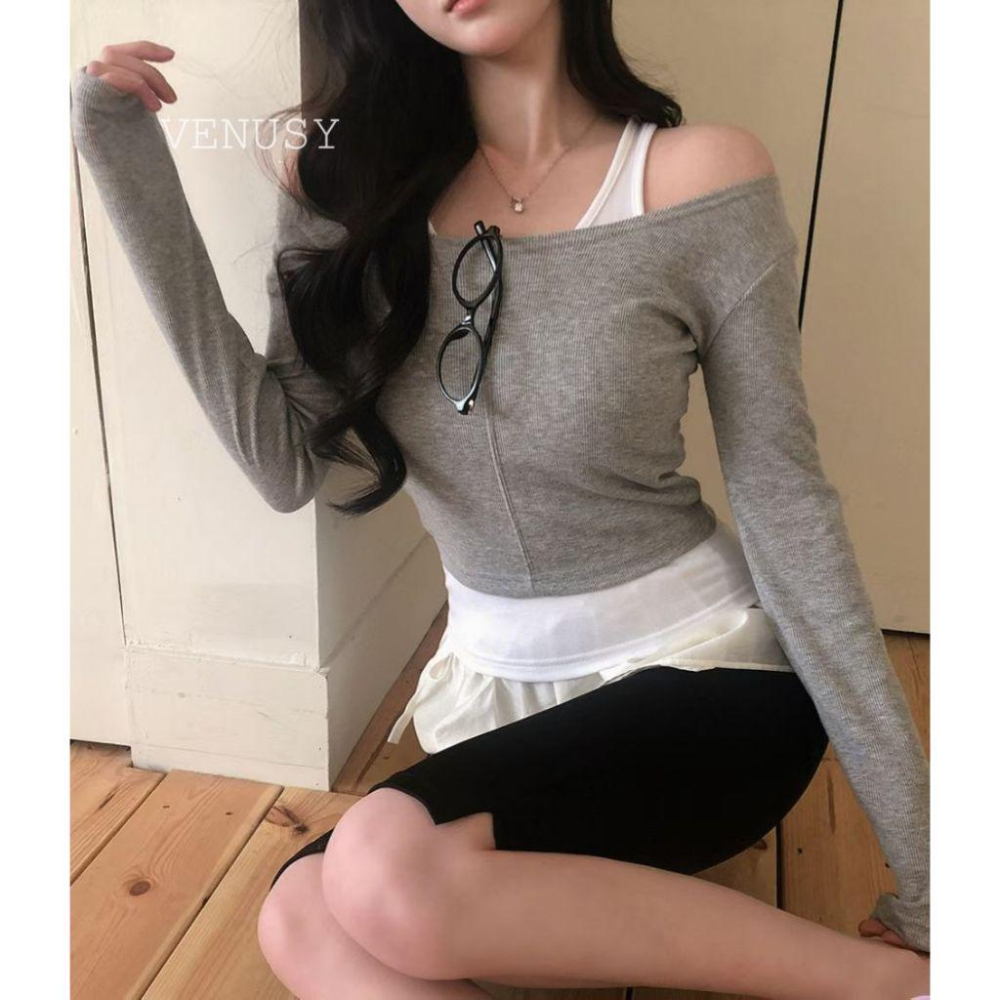 【層疊美學・視覺直角肩】VENUSY｜正韓 - 露肩羅紋假兩件上衣．修身彈力面料．春夏必備設計款-細節圖6