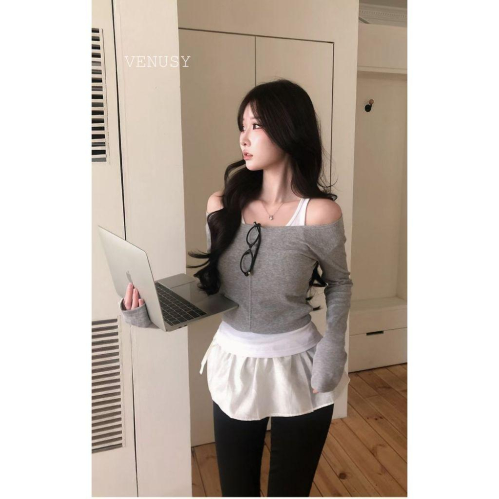 【層疊美學・視覺直角肩】VENUSY｜正韓 - 露肩羅紋假兩件上衣．修身彈力面料．春夏必備設計款-細節圖7