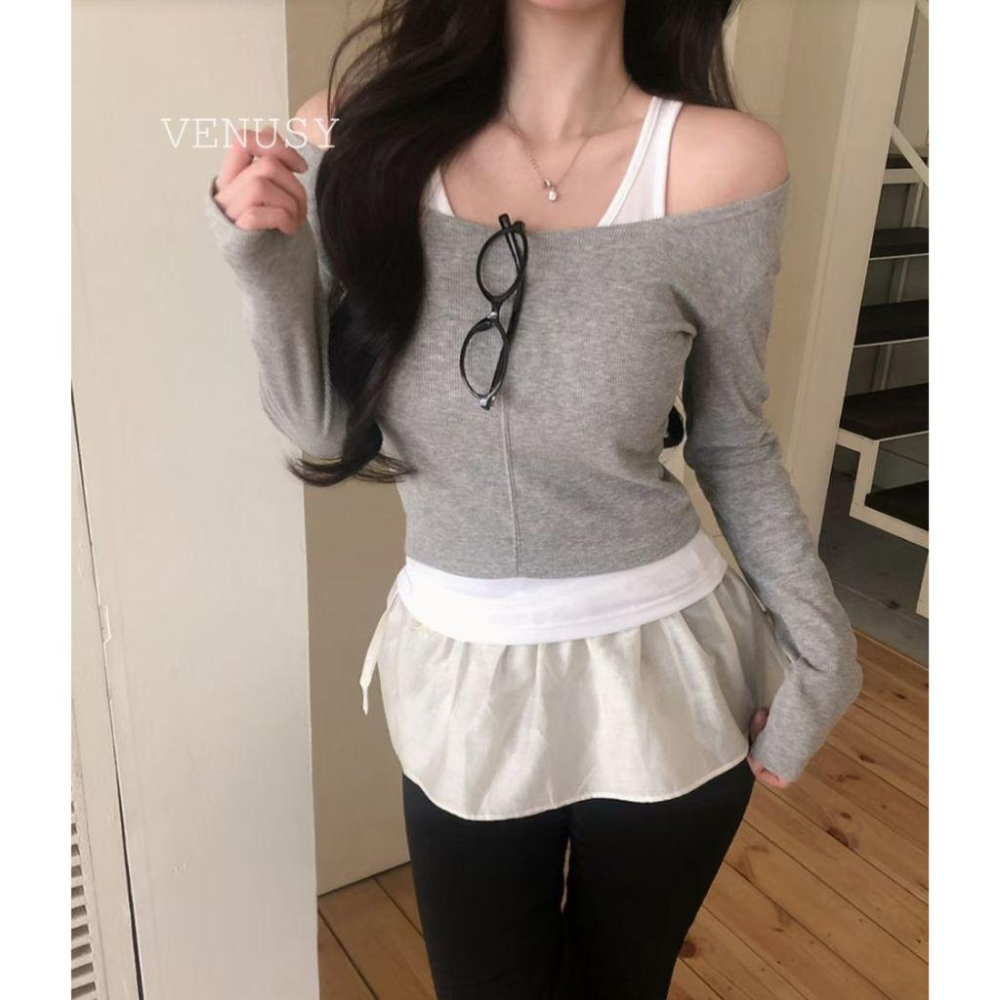 【層疊美學・視覺直角肩】VENUSY｜正韓 - 露肩羅紋假兩件上衣．修身彈力面料．春夏必備設計款-細節圖8