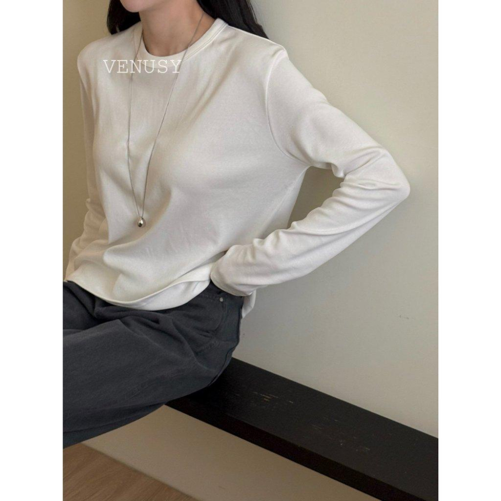 【奶油棉觸感・修身美型】VENUSY｜正韓 - 質感長袖T恤．6色入．柔軟棉質混紡．S-L．Made in Korea-細節圖2