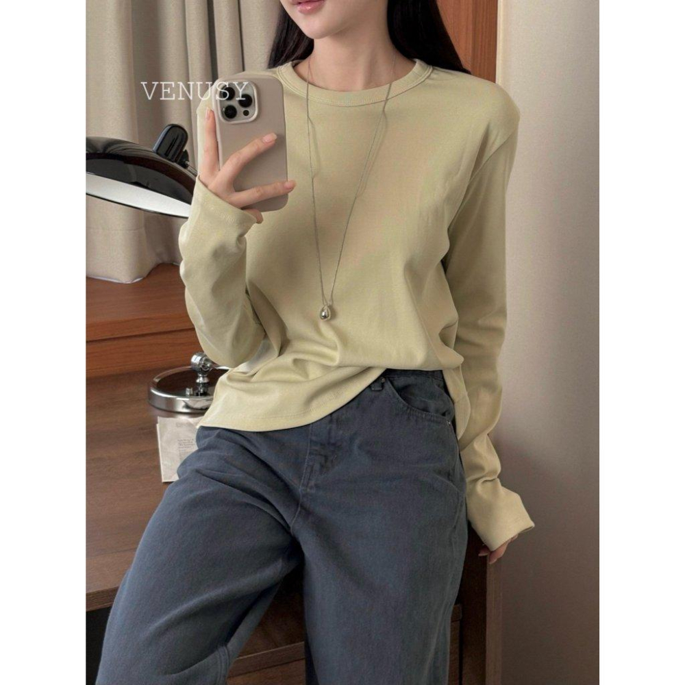 【奶油棉觸感・修身美型】VENUSY｜正韓 - 質感長袖T恤．6色入．柔軟棉質混紡．S-L．Made in Korea-細節圖3