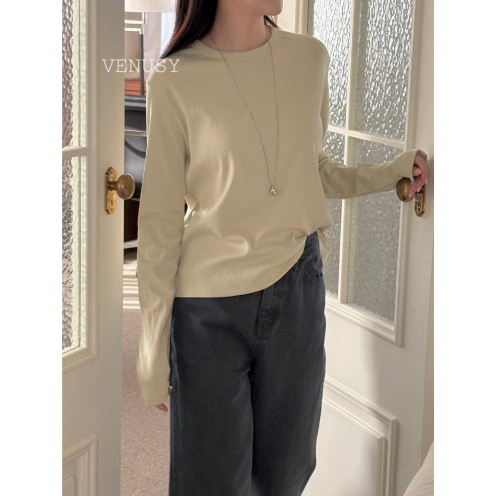 【奶油棉觸感・修身美型】VENUSY｜正韓 - 質感長袖T恤．6色入．柔軟棉質混紡．S-L．Made in Korea-細節圖4
