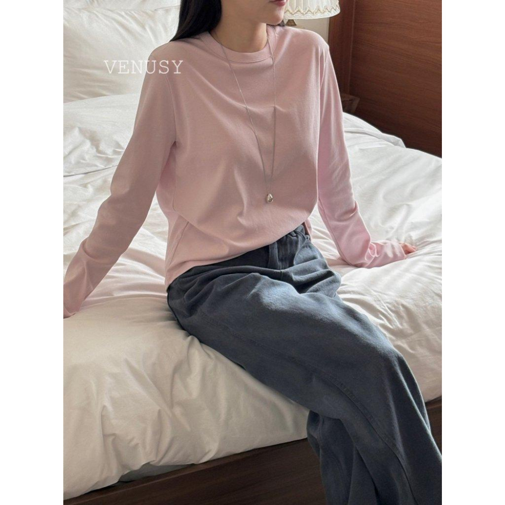【奶油棉觸感・修身美型】VENUSY｜正韓 - 質感長袖T恤．6色入．柔軟棉質混紡．S-L．Made in Korea-細節圖5