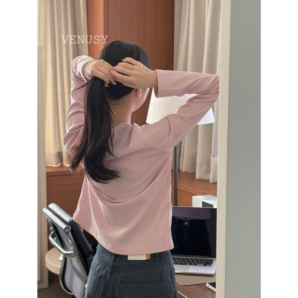 【奶油棉觸感・修身美型】VENUSY｜正韓 - 質感長袖T恤．6色入．柔軟棉質混紡．S-L．Made in Korea-細節圖8