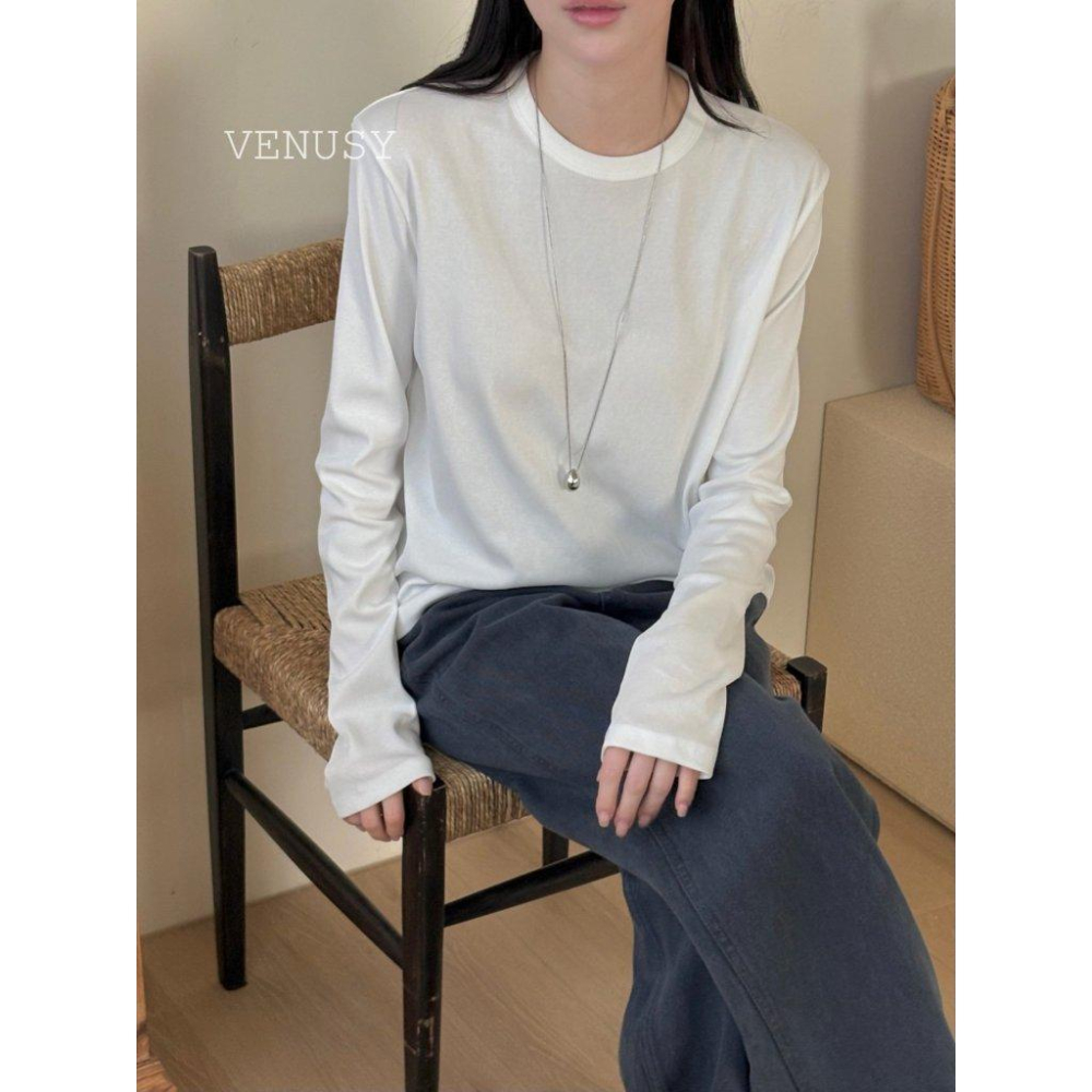 【奶油棉觸感・修身美型】VENUSY｜正韓 - 質感長袖T恤．6色入．柔軟棉質混紡．S-L．Made in Korea-細節圖9