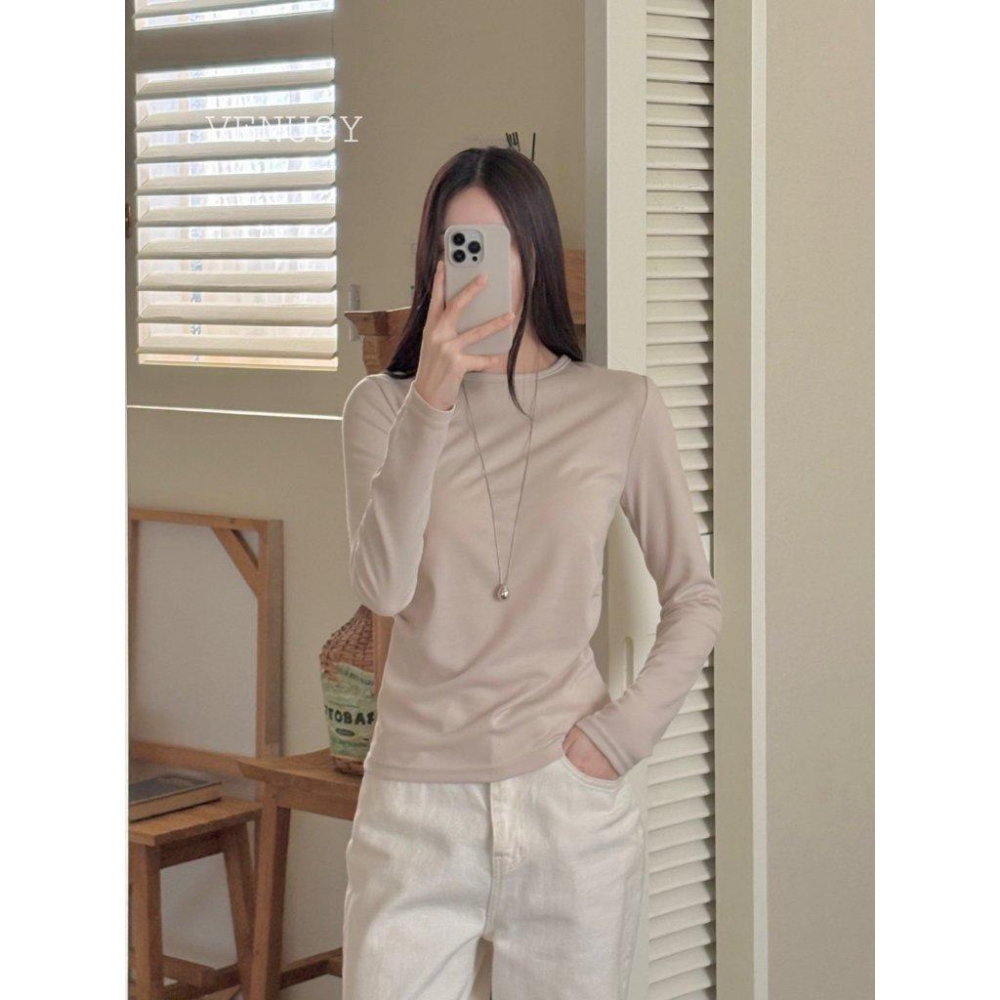 【雲感彈力・法式優雅】VENUSY｜正韓 - 側皺褶彈力修身長袖T恤．天空藍/嫩綠/粉．春夏顯瘦必備-細節圖4