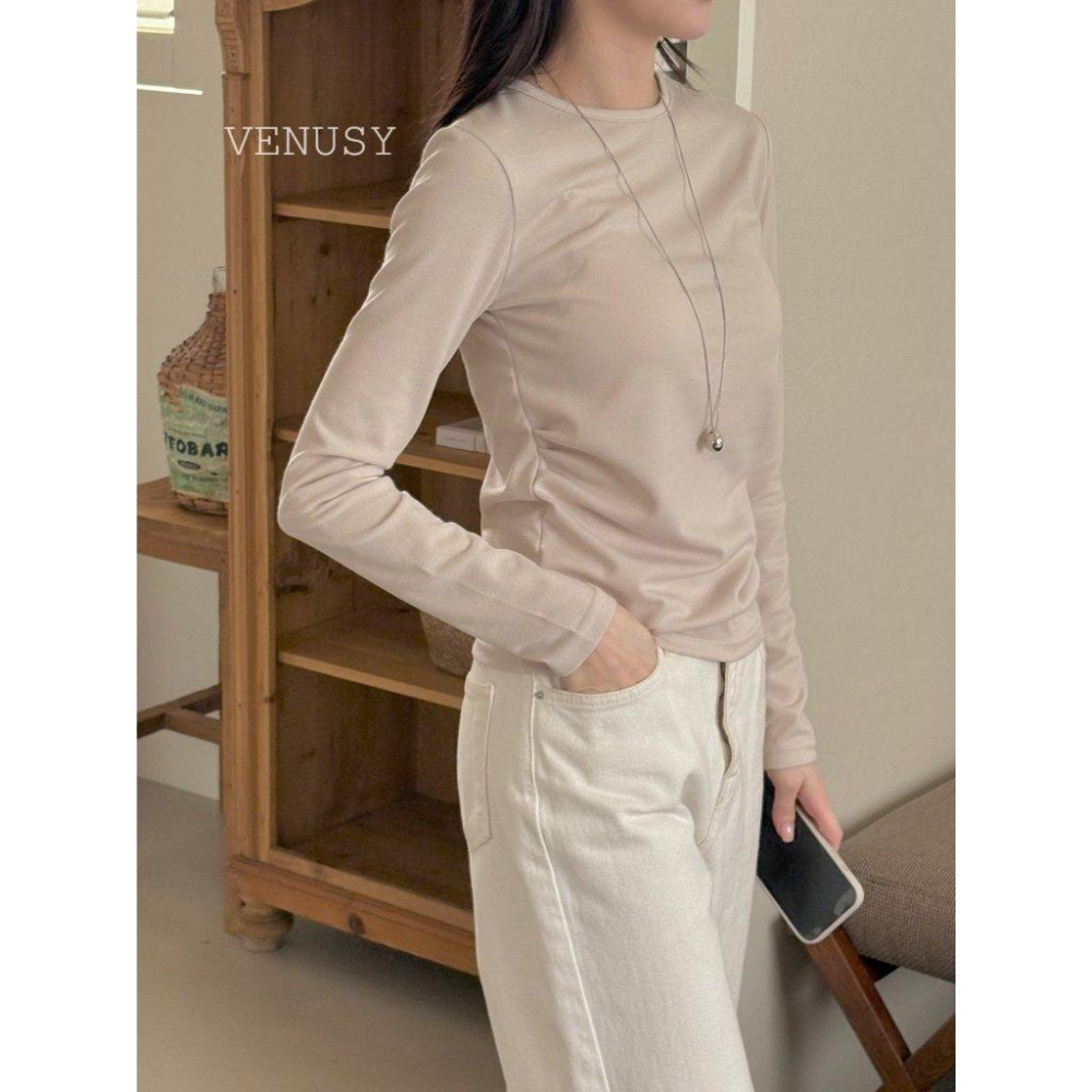 【雲感彈力・法式優雅】VENUSY｜正韓 - 側皺褶彈力修身長袖T恤．天空藍/嫩綠/粉．春夏顯瘦必備-細節圖7