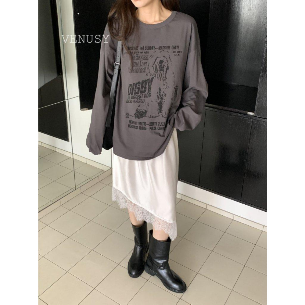 【流光緞面・蕾絲滾邊】VENUSY｜正韓 - 蕾絲滾邊絲滑緞面中長裙．微光澤美型版型．白/黑．Balletcore必備-細節圖4