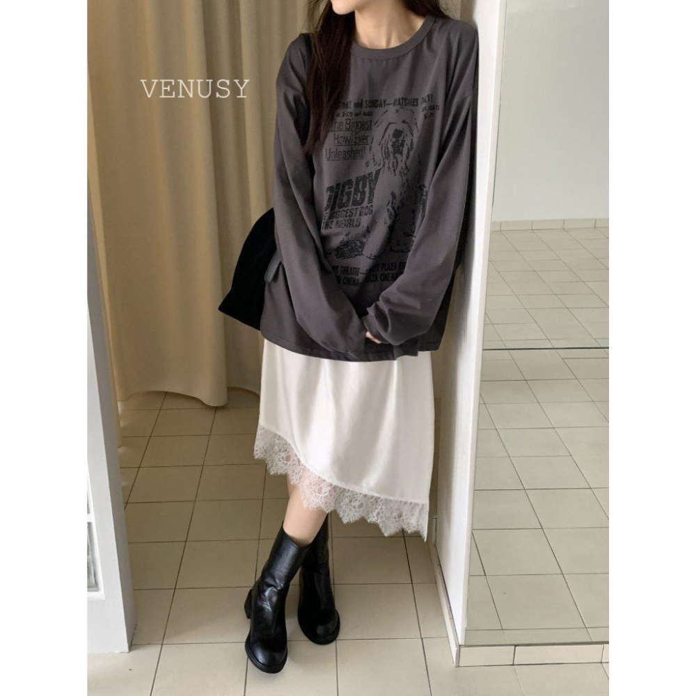 【流光緞面・蕾絲滾邊】VENUSY｜正韓 - 蕾絲滾邊絲滑緞面中長裙．微光澤美型版型．白/黑．Balletcore必備-細節圖7