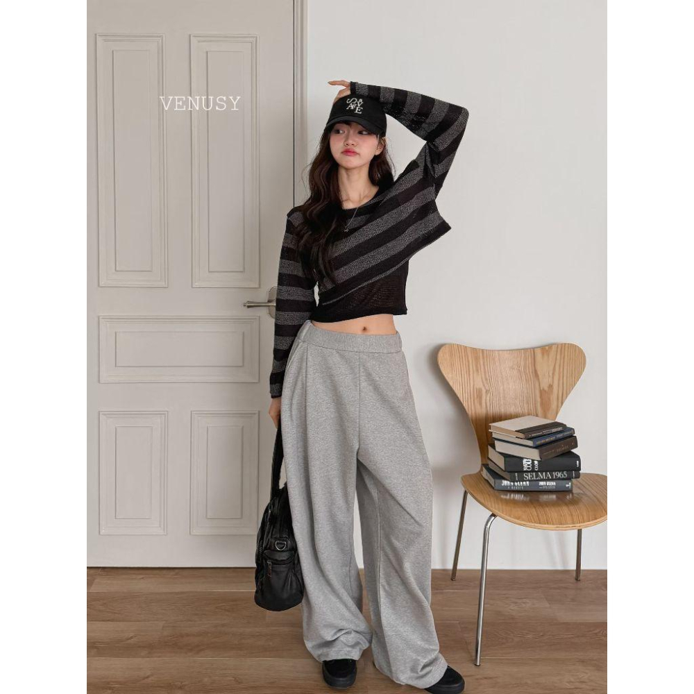 【慵懶隨性・顯瘦闊腿】VENUSY｜正韓 - 鬆緊高腰純棉長褲．修飾假胯寬．100%棉．Made in Korea-細節圖2