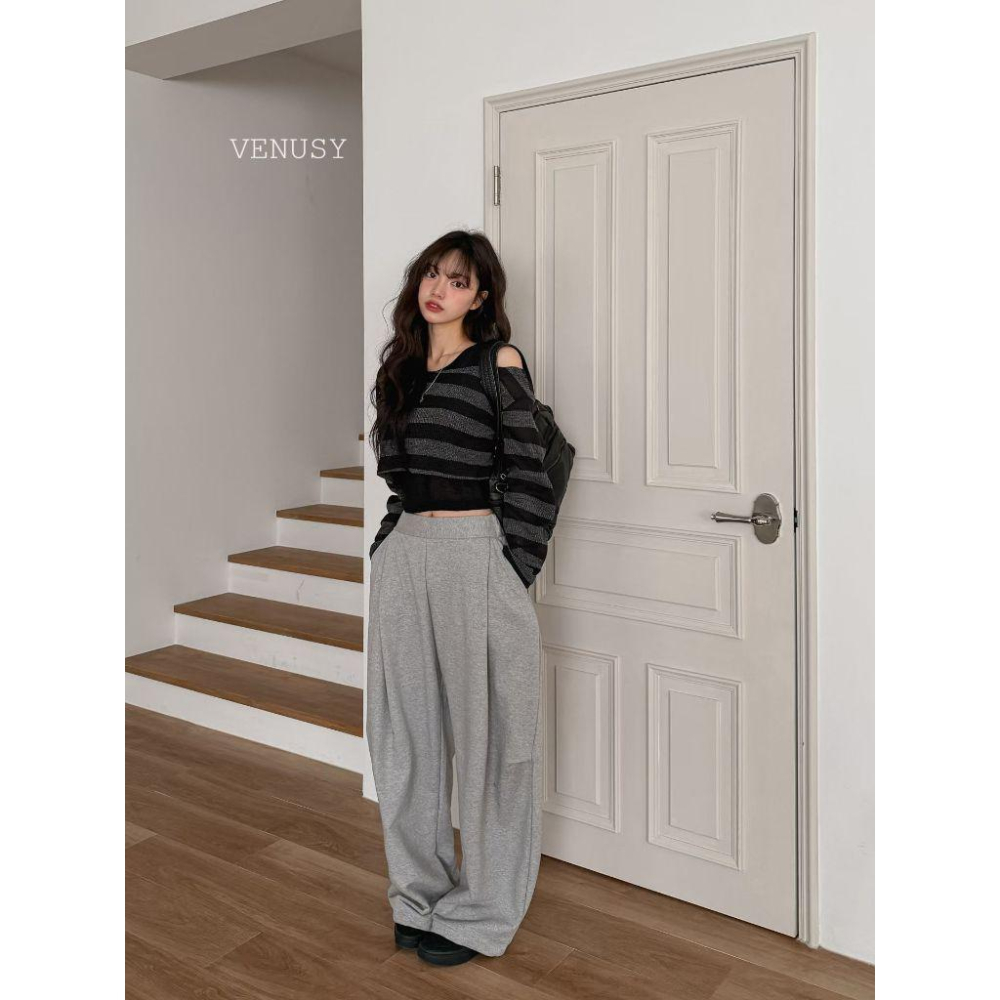 【慵懶隨性・顯瘦闊腿】VENUSY｜正韓 - 鬆緊高腰純棉長褲．修飾假胯寬．100%棉．Made in Korea-細節圖5