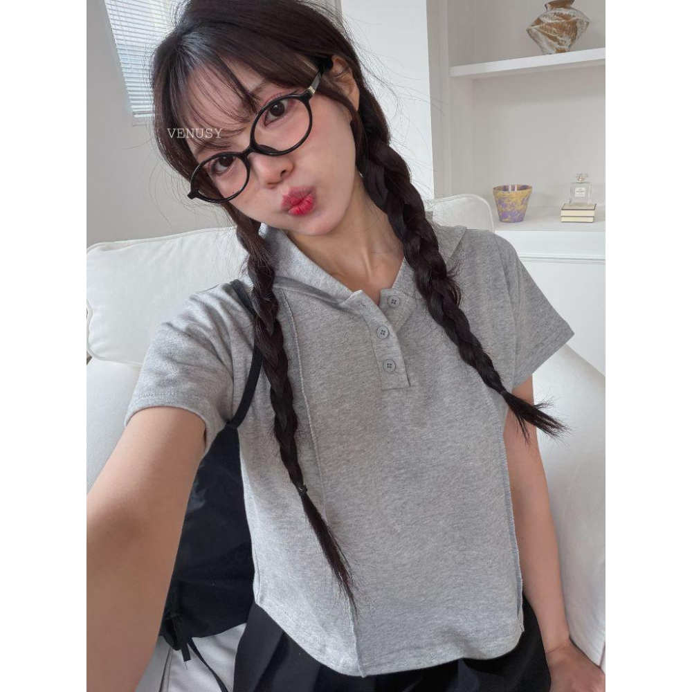 【高級慵懶・100%純棉】VENUSY｜正韓 - 連帽短袖T恤．親膚透氣．冷白/灰/黑．帽T-細節圖2