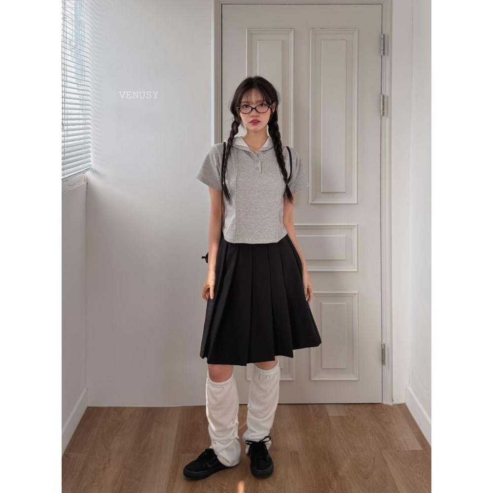 【高級慵懶・100%純棉】VENUSY｜正韓 - 連帽短袖T恤．親膚透氣．冷白/灰/黑．帽T-細節圖3