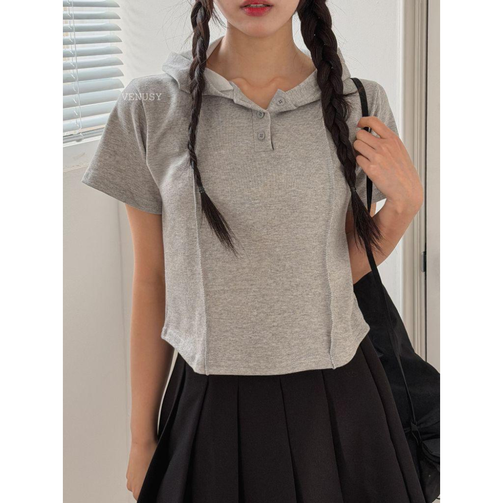 【高級慵懶・100%純棉】VENUSY｜正韓 - 連帽短袖T恤．親膚透氣．冷白/灰/黑．帽T-細節圖7