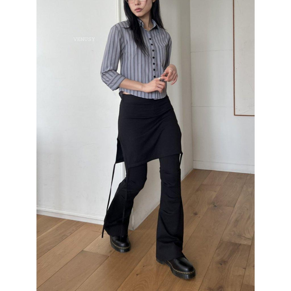 【疊搭神褲・甜酷學院風】VENUSY｜正韓 - 不規則立體剪裁裙褲．高磅棉質彈性．Y2K．不對稱裙片設計．修飾大腿肉肉-細節圖7