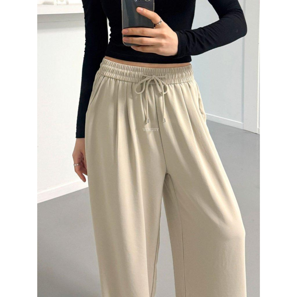 【慵懶美學・顯瘦闊腿】VENUSY｜正韓 - 高腰抽繩鬆緊長褲．修飾假胯寬．深灰/淺米/黑．Made in Korea-細節圖2