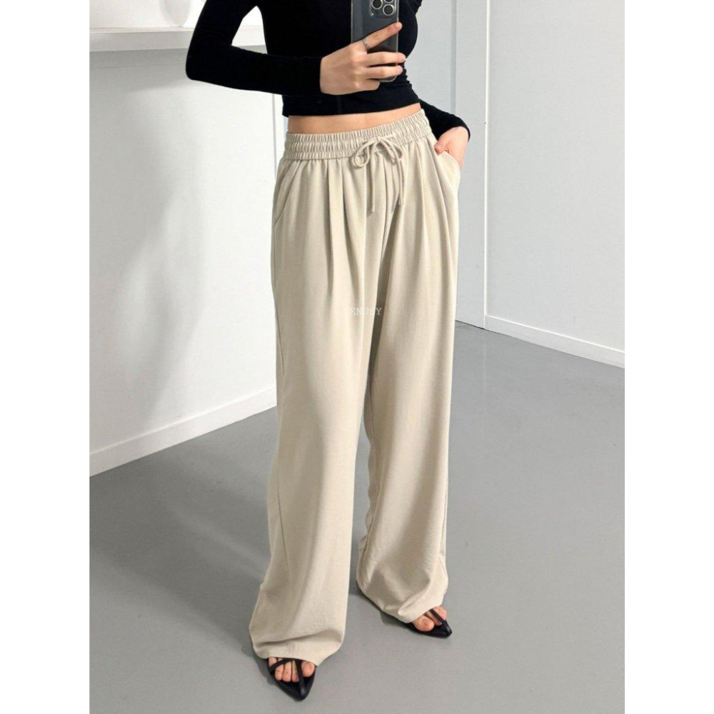 【慵懶美學・顯瘦闊腿】VENUSY｜正韓 - 高腰抽繩鬆緊長褲．修飾假胯寬．深灰/淺米/黑．Made in Korea-細節圖3