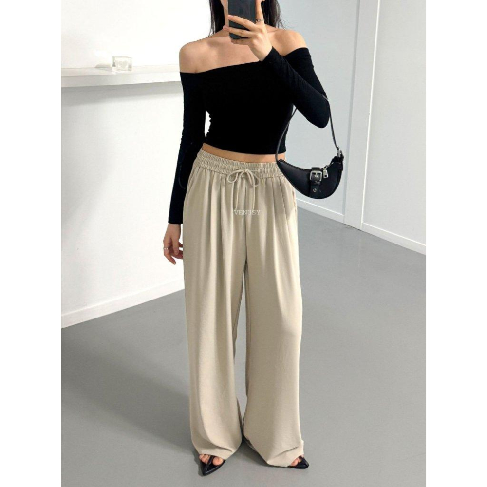 【慵懶美學・顯瘦闊腿】VENUSY｜正韓 - 高腰抽繩鬆緊長褲．修飾假胯寬．深灰/淺米/黑．Made in Korea-細節圖4