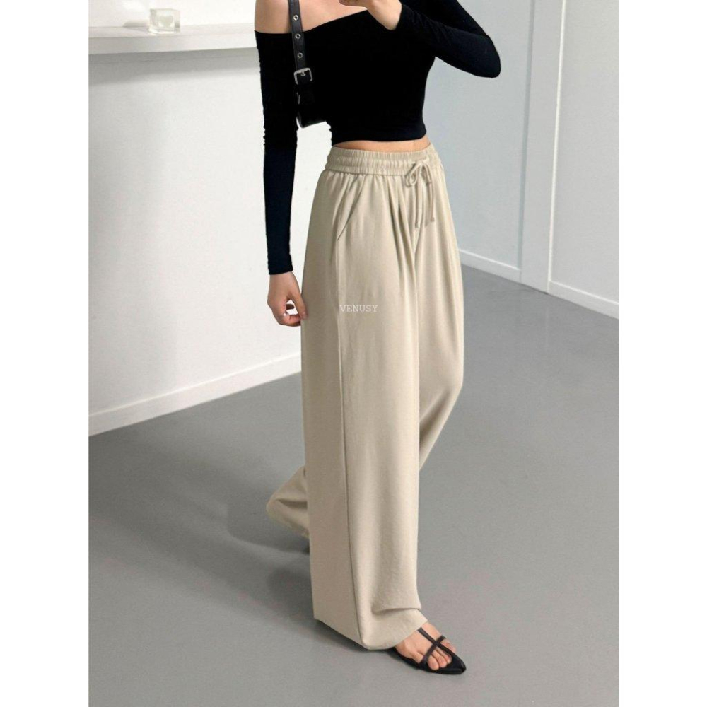 【慵懶美學・顯瘦闊腿】VENUSY｜正韓 - 高腰抽繩鬆緊長褲．修飾假胯寬．深灰/淺米/黑．Made in Korea-細節圖5