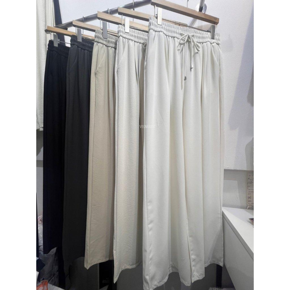 【慵懶美學・顯瘦闊腿】VENUSY｜正韓 - 高腰抽繩鬆緊長褲．修飾假胯寬．深灰/淺米/黑．Made in Korea-細節圖6