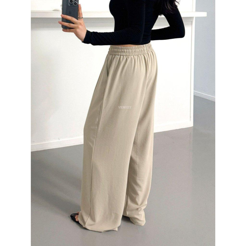 【慵懶美學・顯瘦闊腿】VENUSY｜正韓 - 高腰抽繩鬆緊長褲．修飾假胯寬．深灰/淺米/黑．Made in Korea-細節圖7