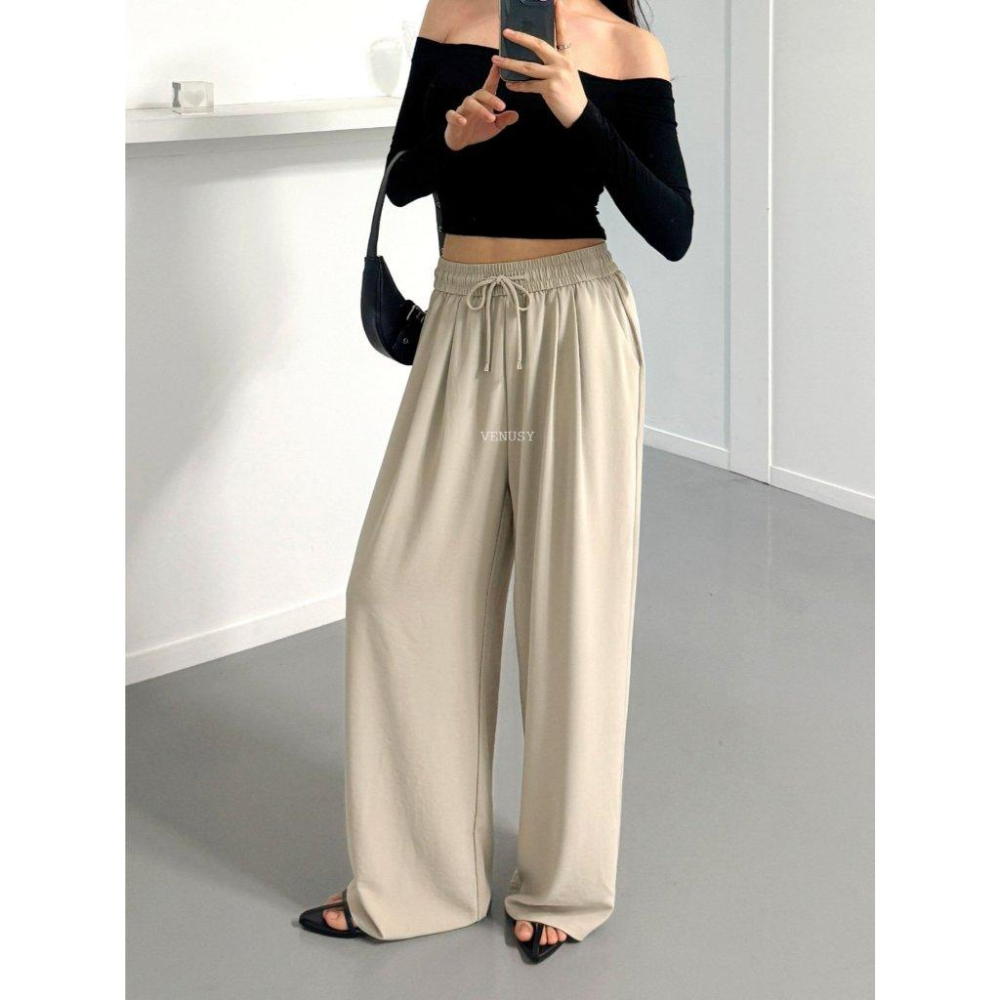 【慵懶美學・顯瘦闊腿】VENUSY｜正韓 - 高腰抽繩鬆緊長褲．修飾假胯寬．深灰/淺米/黑．Made in Korea-細節圖8