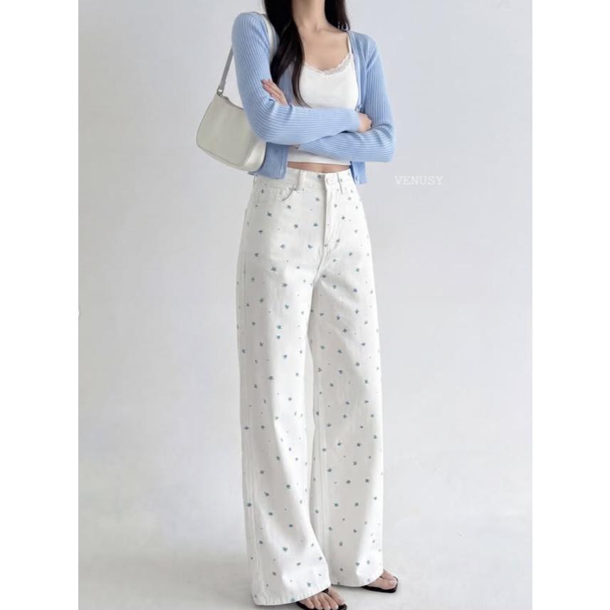 【夏日度假・美到尖叫】VENUSY｜正韓 - DEEP ♡ 韓國熱門設計師｜藍色小花純棉丹寧長褲．高腰修身直筒-細節圖2