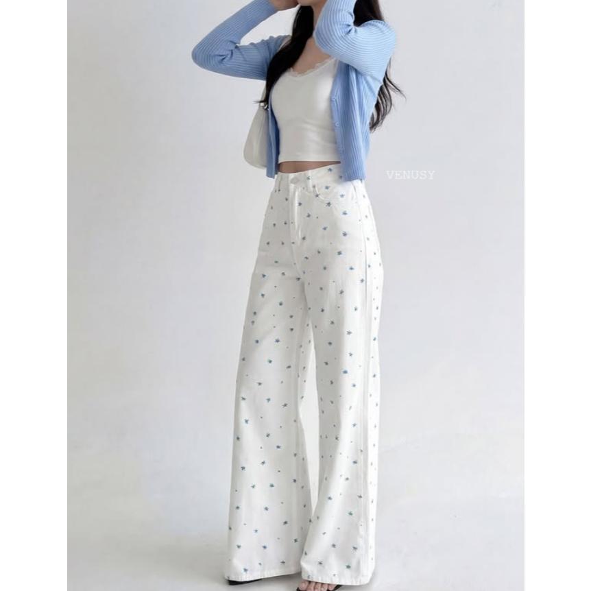 【夏日度假・美到尖叫】VENUSY｜正韓 - DEEP ♡ 韓國熱門設計師｜藍色小花純棉丹寧長褲．高腰修身直筒-細節圖4