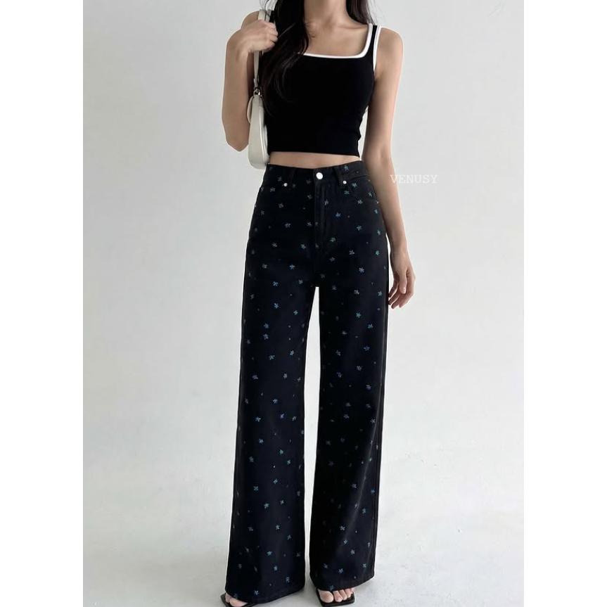 【夏日度假・美到尖叫】VENUSY｜正韓 - DEEP ♡ 韓國熱門設計師｜藍色小花純棉丹寧長褲．高腰修身直筒-細節圖5