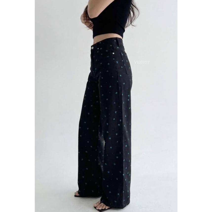 【夏日度假・美到尖叫】VENUSY｜正韓 - DEEP ♡ 韓國熱門設計師｜藍色小花純棉丹寧長褲．高腰修身直筒-細節圖6