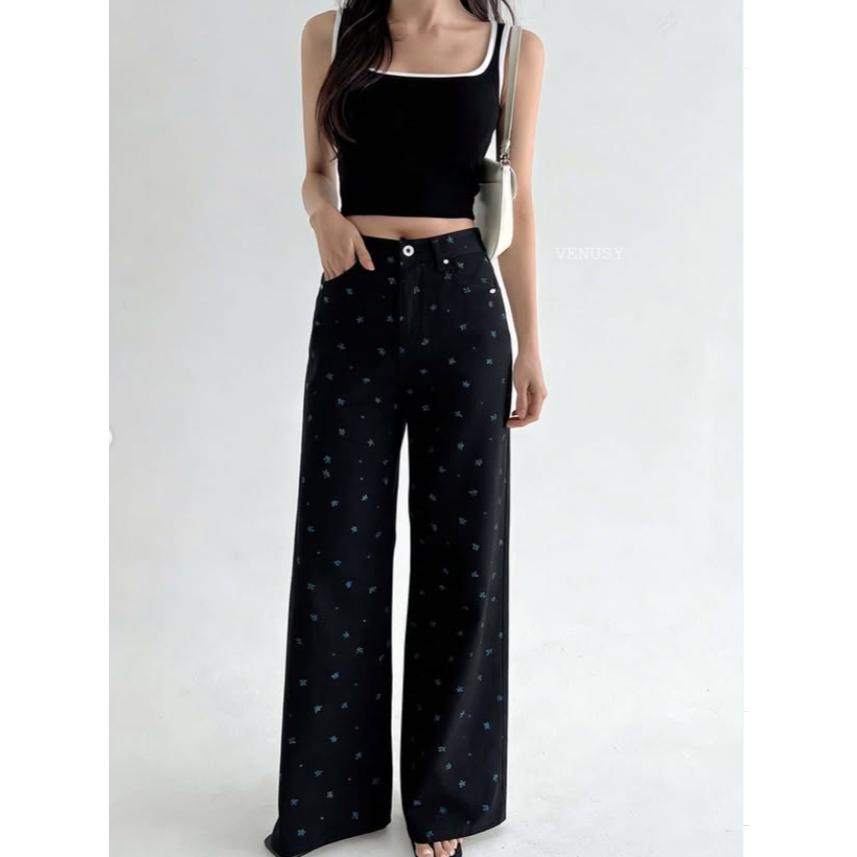 【夏日度假・美到尖叫】VENUSY｜正韓 - DEEP ♡ 韓國熱門設計師｜藍色小花純棉丹寧長褲．高腰修身直筒-細節圖7