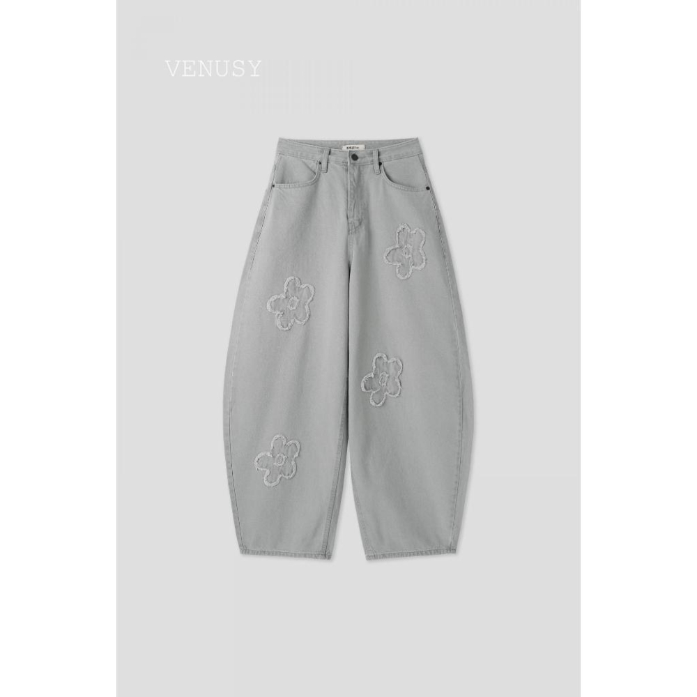 【可愛酷颯．100%純棉】VENUSY｜正韓 - 小花立體刺繡氣球長褲．休閒高級感．慵懶灰色．S-L-細節圖2