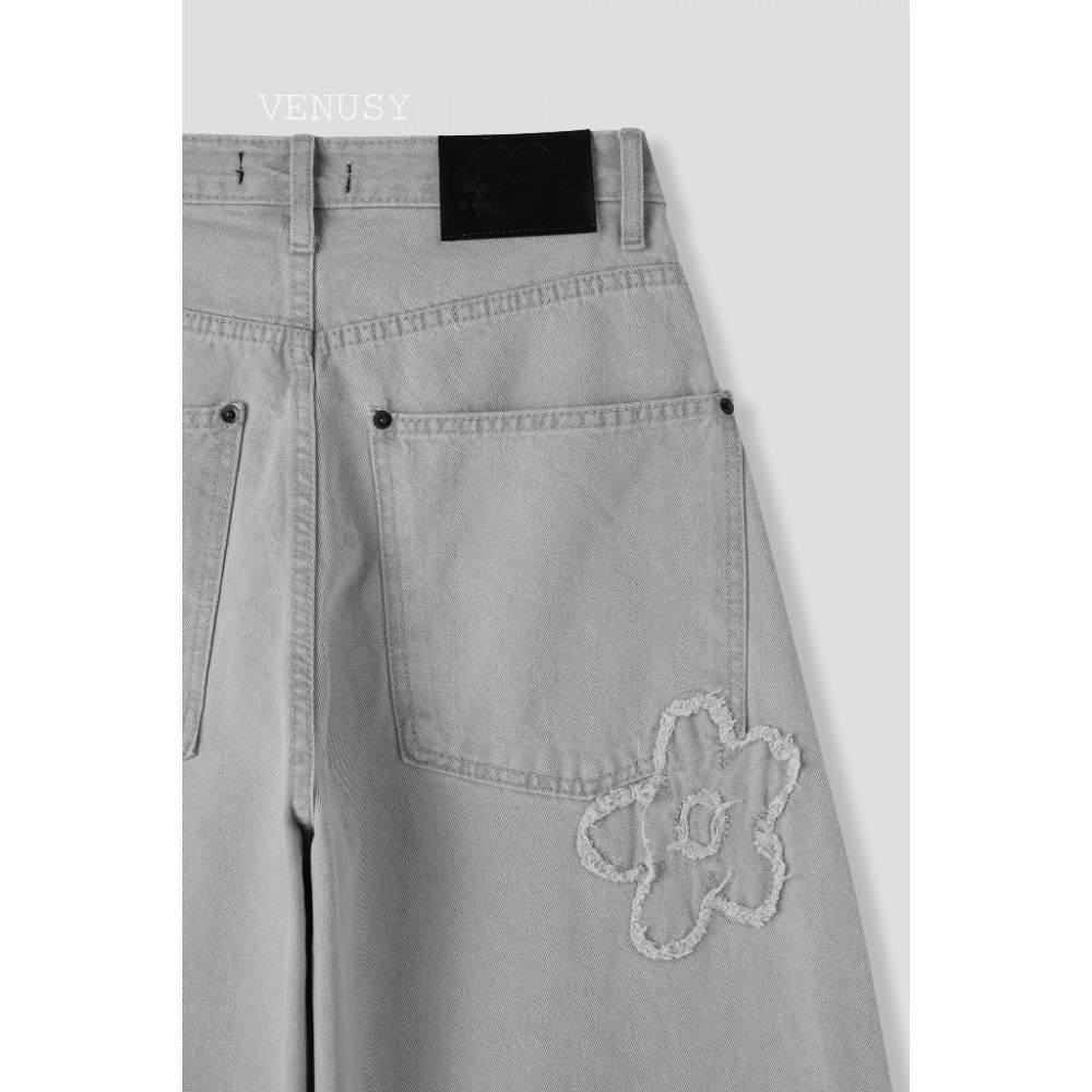【可愛酷颯．100%純棉】VENUSY｜正韓 - 小花立體刺繡氣球長褲．休閒高級感．慵懶灰色．S-L-細節圖4