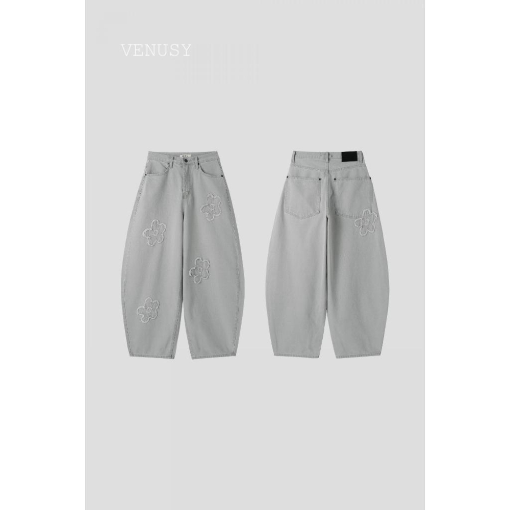 【可愛酷颯．100%純棉】VENUSY｜正韓 - 小花立體刺繡氣球長褲．休閒高級感．慵懶灰色．S-L-細節圖6