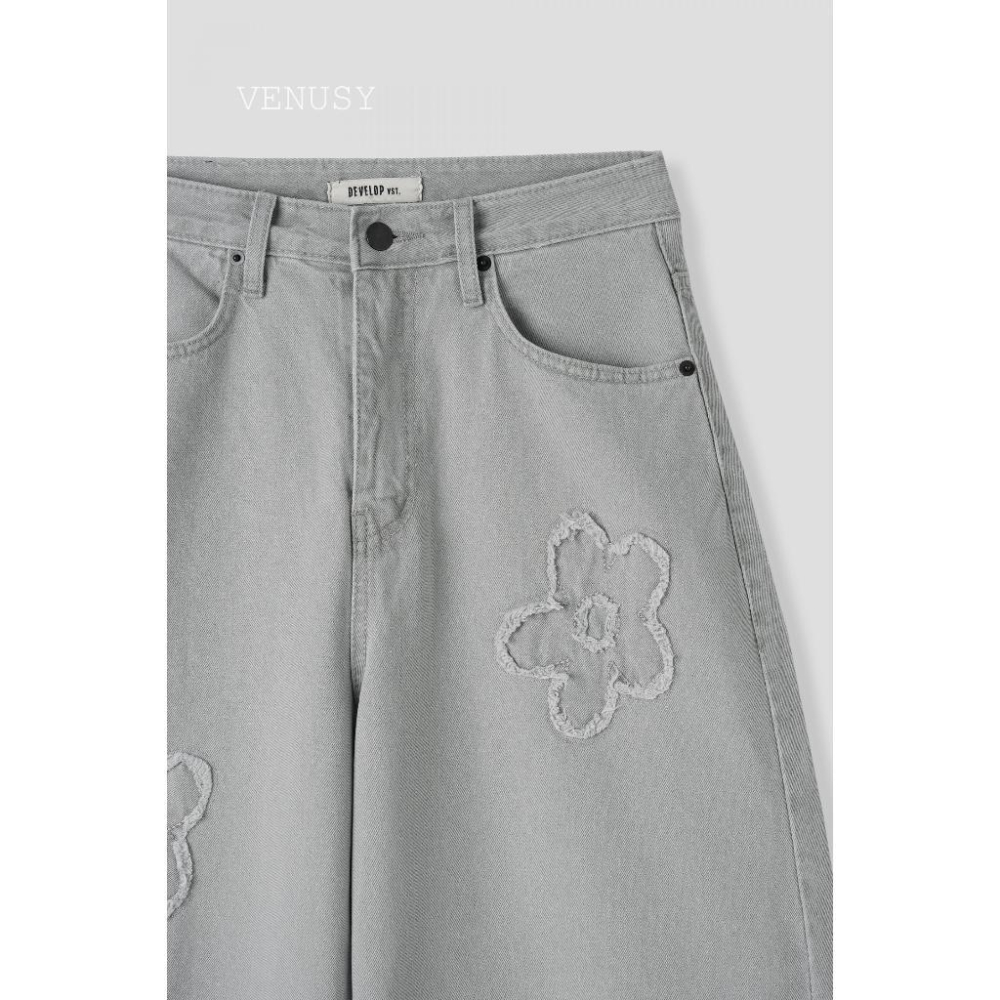 【可愛酷颯．100%純棉】VENUSY｜正韓 - 小花立體刺繡氣球長褲．休閒高級感．慵懶灰色．S-L-細節圖7