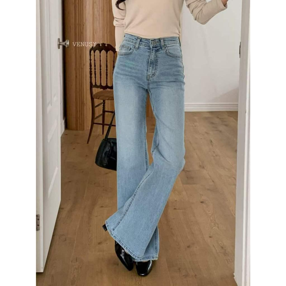 【彈力微喇叭褲・美腿神褲】VENUSY｜正韓 - 98%棉彈力微喇叭牛仔褲．修飾小腿肌．彈力不勒肚-細節圖3