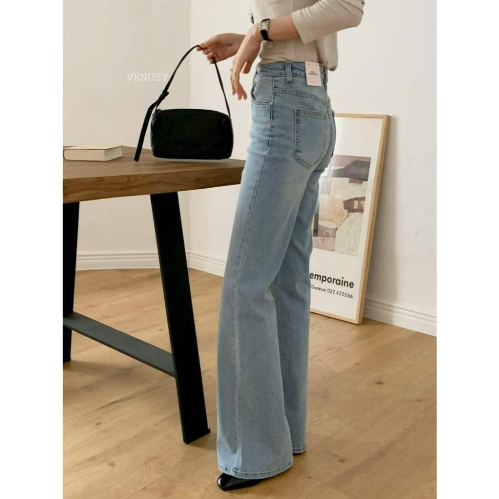 【彈力微喇叭褲・美腿神褲】VENUSY｜正韓 - 98%棉彈力微喇叭牛仔褲．修飾小腿肌．彈力不勒肚-細節圖4