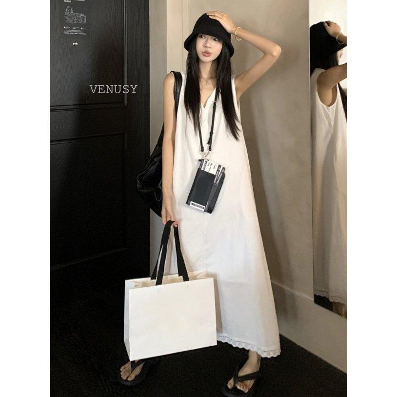 【輕盈棉麻．純淨度假感】VENUSY｜正韓 - 亞麻棉無袖長洋裝．V領廓形剪裁．白色．口袋設計-細節圖3