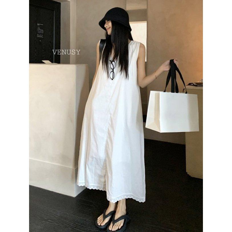 【輕盈棉麻．純淨度假感】VENUSY｜正韓 - 亞麻棉無袖長洋裝．V領廓形剪裁．白色．口袋設計-細節圖4