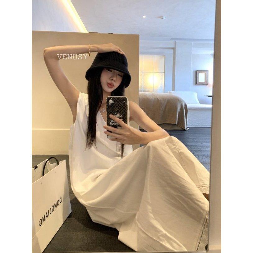 【輕盈棉麻．純淨度假感】VENUSY｜正韓 - 亞麻棉無袖長洋裝．V領廓形剪裁．白色．口袋設計-細節圖8