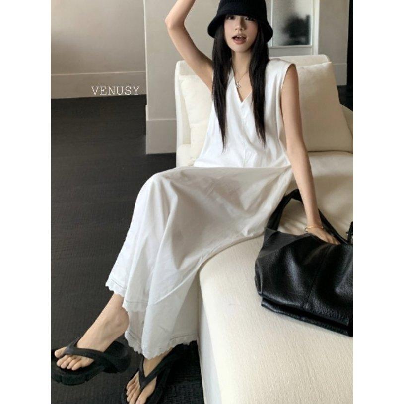 【輕盈棉麻．純淨度假感】VENUSY｜正韓 - 亞麻棉無袖長洋裝．V領廓形剪裁．白色．口袋設計-細節圖9