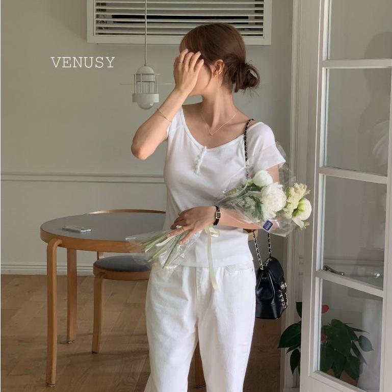 【亨利領．極簡純棉】VENUSY｜正韓 - 純棉排扣短袖T恤．100%純棉修身上衣．Made in Korea-細節圖2