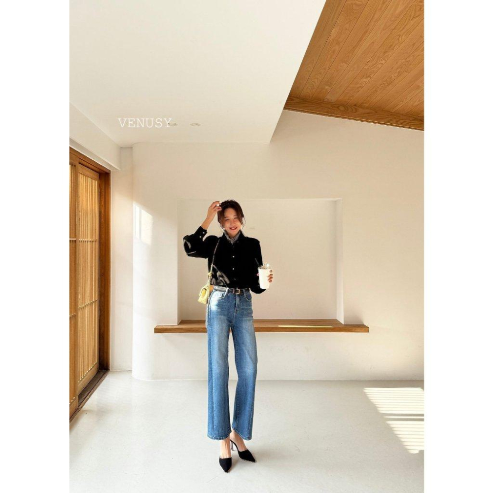 【顯瘦超藏肉．涼感彈力】VENUSY｜正韓 - 斜向隧道彈力寬腿牛仔褲．隱形鬆緊腰頭152-165cm適宜-細節圖7