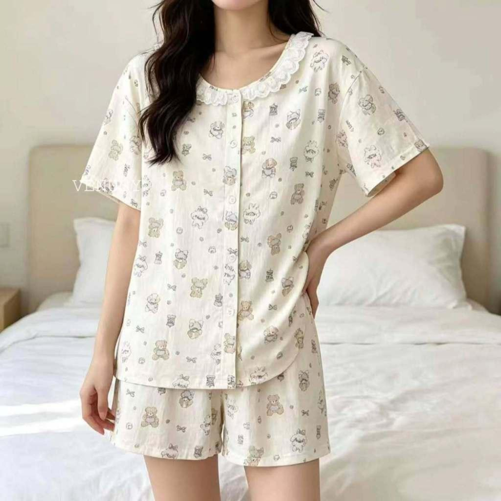 VENUSY漢南小姐｜正韓 - 輕盈垂墜冰感亞麻棉柔家居服．法式翻領開襟排扣套裝．睡衣套裝-細節圖2