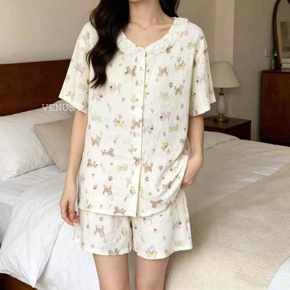 VENUSY漢南小姐｜正韓 - 輕盈垂墜冰感亞麻棉柔家居服．法式翻領開襟排扣套裝．睡衣套裝-細節圖3
