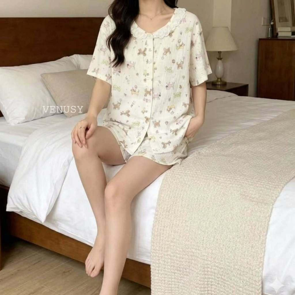 VENUSY漢南小姐｜正韓 - 輕盈垂墜冰感亞麻棉柔家居服．法式翻領開襟排扣套裝．睡衣套裝-細節圖4